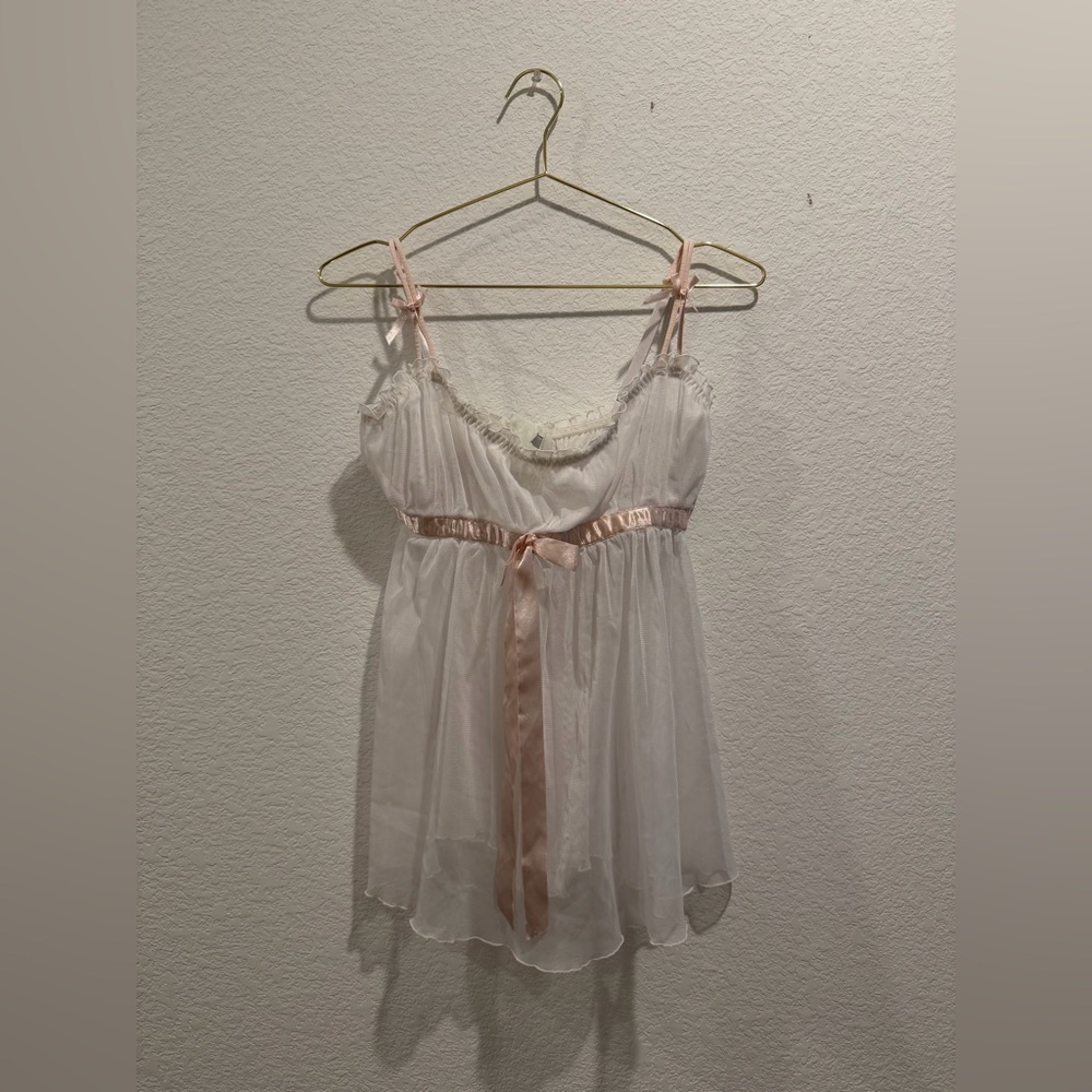 Rampage white pink bow babydoll sheer lace slip cami nightgown dress